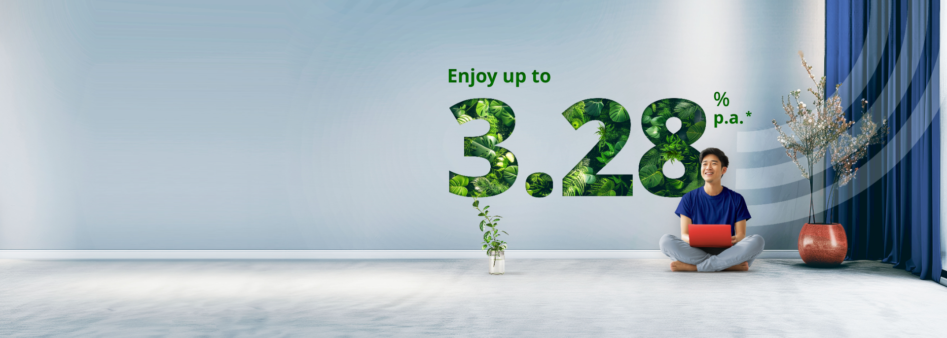 Text 'Enjoy up to 3.28% p.a.' over background of cheerful man with a laptop